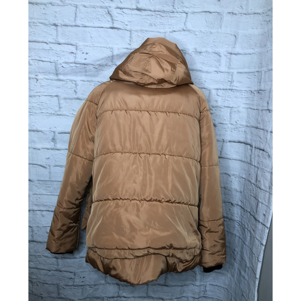 7 For All Mankind Puffer Sherpa-Lined Hooded Jacket Camel Brown Sz L Zip Pockets - Picture 2 of 5